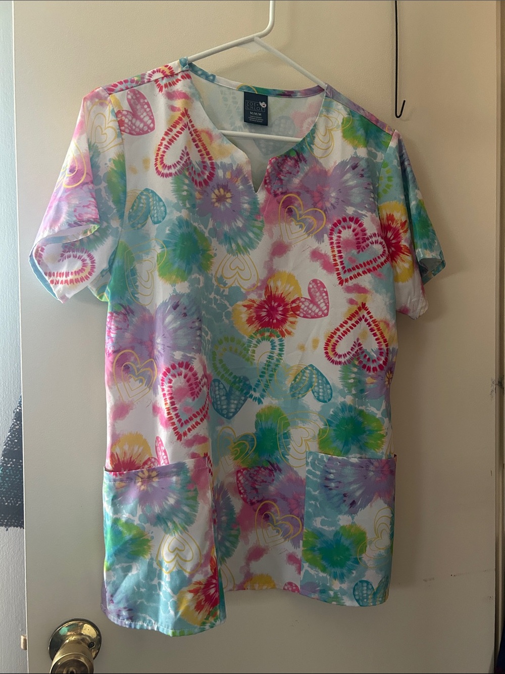 Zoe Chloe Colorful Heart & Tie-Dye Medical Scrub Top